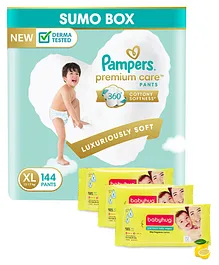 Pampers Premium Care Pants Baby Diapers Extra Large - 144 Pieces & Babyhug Premium Baby Lemon Wipes - 72 Pieces - (Pack of 3)