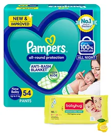 Pampers All Round Protection Pants Extra Small - 54 Pieces & Babyhug Premium Baby Lemon Wipes - 72 Pieces