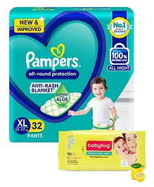 Pampers All round Protection Pants Extra Large Size - 32 Pieces & Babyhug Premium Baby Lemon Wipes - 72 Pieces