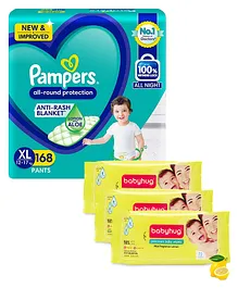 Pampers All round Protection Pants Lotion With Aloe Vera Extra Large Size Baby Diapers - 168 Pieces & Babyhug Premium Baby Lemon Wipes - 72 Pieces - (Pack of 3)