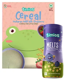 timios Instant & Healthy 100% Natural Multi Grain Millet & Strawberry Cereal With Milk Benefits - 300 g & timios Melts Non-Fried No-Maida Wholegrain Star-Shaped Snacks Blueberry Flavour - 50 g