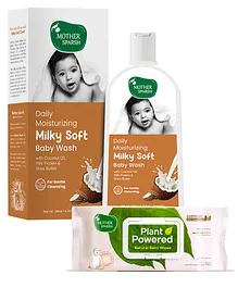 Mother Sparsh Daily Moisturizing Milky Soft Baby Wash - 200 ml & Plant Powered Natural Baby Wipes With Grapefruit Extract - 60 Pieces