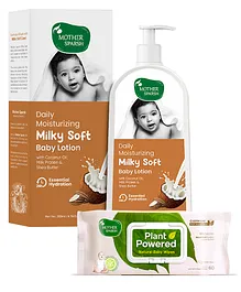 Mother Sparsh Daily Moisturizing Milky Soft Baby Lotion - 200 ml & Plant Powered Natural Baby Wipes With Cucumber Extract - 60 Pieces