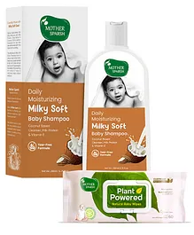 Mother Sparsh Daily Moisturizing Milky Soft Baby Shampoo - 200 ml & Plant Powered Natural Baby Wipes With Cucumber Extract - 60 Pieces