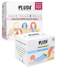 Plush Rash Free Large & XL Sanitary Pads for Women - 14 Pads & Plush 100 Percent US Pure Cotton Daily Panty Liner - 20 Pieces
