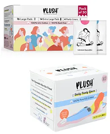 Plush Rash Free Large & XL Sanitary Pads with Disposable Pouches - 30 Pads & Plush 100 Percent US Pure Cotton Daily Panty Liner - 20 Pieces