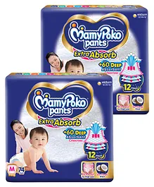 MamyPoko Extra Absorb Pants Style Diapers Medium - 74 Pieces - (Pack of 2)