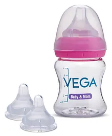 Vega Baby and Mom Tritan Feeding Bottle Wide Neck Pink - 150 ml & Vega Baby Wide Neck Medium Size Nipples Pack of 2 - White