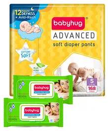 Babyhug Advanced Pant Style Diaper Monthly Box Pack Small (S) Size - 168 Pieces & Babyhug Premium 98% Water Baby Wet Wipes With Lid - 80 Pieces - (Pack of 2)