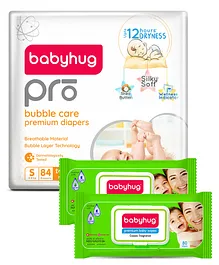 Babyhug Pro Bubble care premium Tape Style Diaper Small (S) Size - 84 Pieces & Babyhug Premium 98% Water Baby Wet Wipes With Lid - 80 Pieces - (Pack of 2)