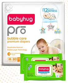 Babyhug Pro Bubble Care Premium Tape Style Diaper Medium (M) Size - 80 Pieces & Babyhug Premium 98% Water Baby Wet Wipes With Lid - 80 Pieces - (Pack of 2)
