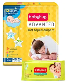 Babyhug Advanced Tape Style Diapers New Born Size - 24 Pieces & Babyhug Premium 98% Water Baby Wet Wipes - 80 Pieces