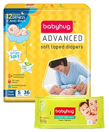 Babyhug Advanced Tape Style Diapers Small Size - 36 Pieces & Babyhug Premium 98% Water Baby Wet Wipes - 80 Pieces