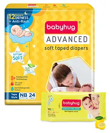 Babyhug Advanced Tape Style Diapers New Born Size - 24 Pieces & Babyhug Premium 98% Water Baby Wet Wipes with Lemon Scent - 72 Pieces