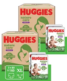 Huggies Nature Care Pants, Extra Large Size (12-17 Kg) Premium Baby Diaper Pants, Monthly Pack 80 Count - (Pack of 2)