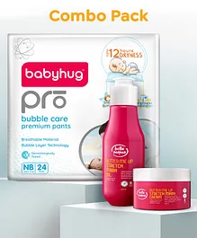 Mom and Baby Combo Pack of 3 -Babyhug Pro Bubble Care Premium Pant Style Diapers New Born (NB) Size - 24 Pieces and Bella Mama Stretch Marks Cream 100g and Oil 100ml