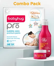 Mom and Baby Combo Pack of 3 -Babyhug Pro Bubble Care Premium Pant Style Diapers New Born (NB) Size - 24 Pieces and Bella Mama Stretch Marks Cream 50g and Oil 250ml