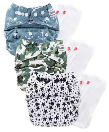 Babyhug Free Size Reusable Cloth Diaper  With 2 SmartDry Inserts - Camouflage Print, Anchor Print, Star Print (Pack of 3)