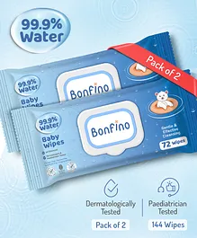 Bonfino 99.9% Water Baby Wipes Pack of 2 - 72 Pieces Each