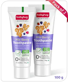 Babyhug Mixberry Flavoured Toothpaste for Ages 6 Months+ |100% Natural Ingredients Fluoride Free No SLS/SLES - 50 g Pack of 2