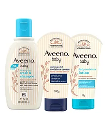 Aveeno baby daily moisture Wash & Shampoo 100 ml, Moisture Lotion with Oat Flour & Glycerine 100g & Soothing Relief Moisture Cream 100g