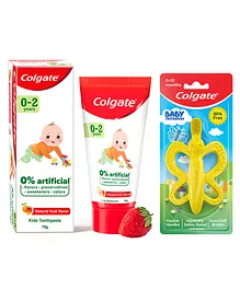 Colgate Baby Toothpaste Tube Natural Fruit Flavour Fluoride Free - 70 gm & Baby Teether Toothbrush with Flexible Handles - Yellow
