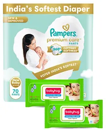 Pampers Premium Care Pants, New Born, Extra Small size baby diapers (NB,XS), 70 count and Babyhug Premium 98% Water Baby Wet Wipes with Moisturising Aloe Vera With Lid - 80 Pieces