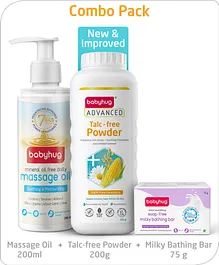 Babyhug Advanced Talc-free powder 200g & Babyhug Mineral Oil Free Daily Massage Oil - 200 ml & Babyhug pH 5.5 Ultra Nourishing Soap-Free Milky Bathing Bar - 75 g