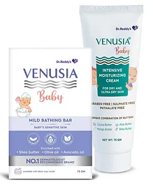 Venusia Baby Intensive Moisturizing Cream for Dry & Ultra Dry Skin With Cocoa Aloe Mango & Shea Butters - 75 g & Venusia Baby Mild Bathing Bar Enriched With Shea Butter Olive Oil & Avocado Oil - 75 g