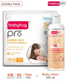 BabyhugPro Bubble Care Premium Tape Style Diaper Newborn (NB) Size - 86 Pieces & BabyhugPro Sensitive pH 5.5 Peach Milk Lotion - 100 ml