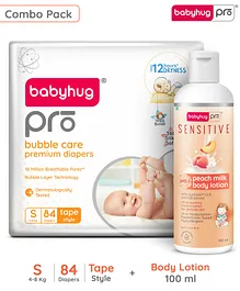 BabyhugPro Bubble Care Premium Tape Style Diaper (S) Small - 84 Pieces & BabyhugPro Sensitive pH 5.5 Peach Milk Lotion - 100 ml