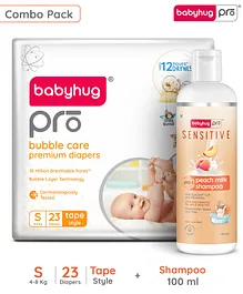 BabyhugPro Bubble Care Premium Tape Style Diaper (S) Small - 23 Pieces & BabyhugPro Sensitive pH 5.5 Peach Milk Shampoo - 100 ml