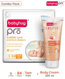 BabyhugPro Bubble Care Premium Tape Style Diaper (S) Small - 84 Pieces & BabyhugPro Sensitive pH 5.5 Peach Milk Cream - 200 g