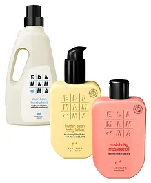 Ed-a-Mamma Hush Massage Oil 200 ml, Butter Bean Baby Lotion 200 ml And Clean Bean Laundry Detergent 1000 ml