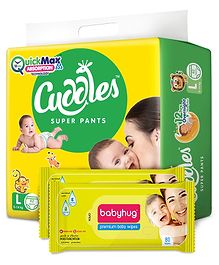 Cuddles Pant Style Diapers Large - 62 Pieces & 2 Packs Babyhug Premium Baby Wipes - 80 Pieces Cuddles Pant Style Diapers Large - 62 Pieces & 2 Packs Babyhug Premium Baby Wipes - 80 Pieces
