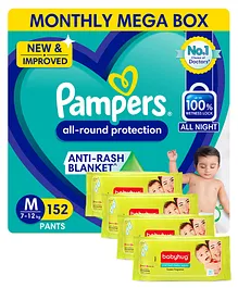Pampers Pant Style Medium Size Diapers Monthly Box Pack - 152 Pieces & Babyhug Premium Baby Wipes - 80 Pieces ( Pack of 4 )