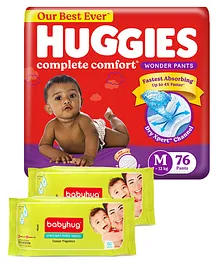 Huggies Wonder Pants Medium Pant Style Diapers - 76 Pieces & Babyhug Premium Baby Wipes - 80 Pieces (Pack of 2)