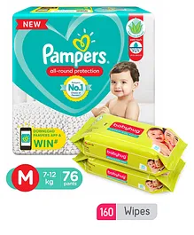 Pampers Pant Style Diapers Medium Size - 76 Pieces & Babyhug Premium Baby Wipes - 80 Pieces (Pack of 2)