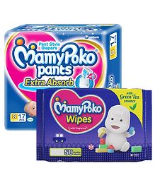 MamyPoko Extra Absorb Pant Style Diapers Small -17 Pieces & MamyPoko Wipes With Green Tea Essence - 50 Sheets MamyPoko Extra Absorb Pant Style Diapers Small -17 Pieces & MamyPoko Wipes With Green Tea Essence - 50 Sheets