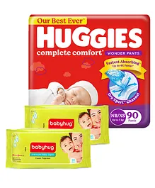 Huggies Wonder Pants Extra Small Size Pant Style Diapers - 90 Pieces & Babyhug Premium Baby Wipes - 80 Pieces (Pack of 2)