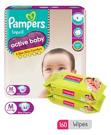 Pampers Active Baby Diapers Medium - 62 Pieces & Babyhug Premium Baby Wipes - 80 Pieces (Pack of 2)