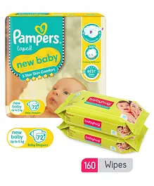 Pampers Active Baby Diapers New Born - 72 Pieces & Babyhug Premium Baby Wipes - 80 Pieces (Pack of 2)