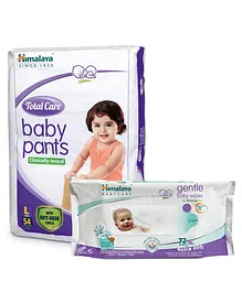 Himalaya Herbal Total Care Baby Pants Style Diapers Large - 54 Pieces & Baby Wipes - 72 Pieces