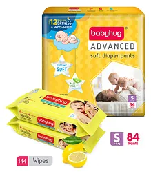 Babyhug Advanced Pant Style Diapers Small - 84 Pieces & 2 Packs Of Babyhug Premium Baby Lemon Wipes - 72 Pieces