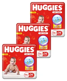 Huggies Newborn Small Size Complete Comfort Dry Baby Tape Diapers with 5 in 1 Comfort - 36 Pieces - ( Pack of 3 )