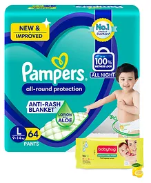 Pampers Pant Style Diapers Large - 64 Pieces & Babyhug Premium Baby Lemon Wipes - 72 Pieces (Pack of 2 )