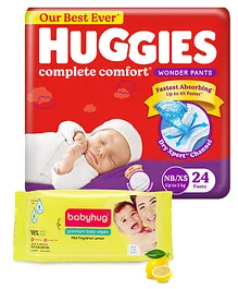Huggies Wonder Pants Extra Small Pant Style Diapers - 24 Pieces & Babyhug Premium Baby Lemon Wipes - 72 Pieces