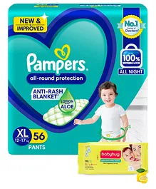 Pampers Pant Style Diapers XL Size - 56 Pieces & Babyhug Premium Baby Lemon Wipes - 72 Pieces