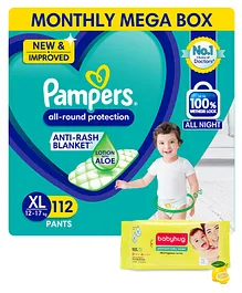 Pampers Pant Style XL Size Diapers Monthly Box Pack - 112 Pieces & Babyhug Premium Baby Lemon Wipes - 72 Pieces (Pack of 2 )