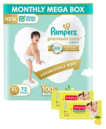 Pampers Premium Care Pant Style XL Size Diapers Monthly Pack - 72 Pieces & Babyhug Premium Baby Lemon Wipes - 72 Pieces (Pack of 2 )
